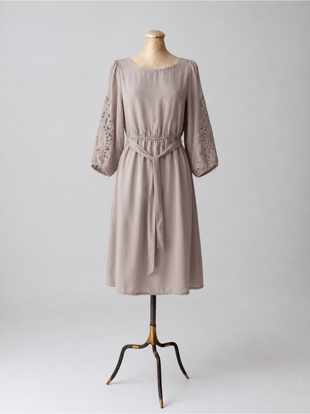 H&M Taupe Crochet-Sleeve Midi Dress with Tie Waist